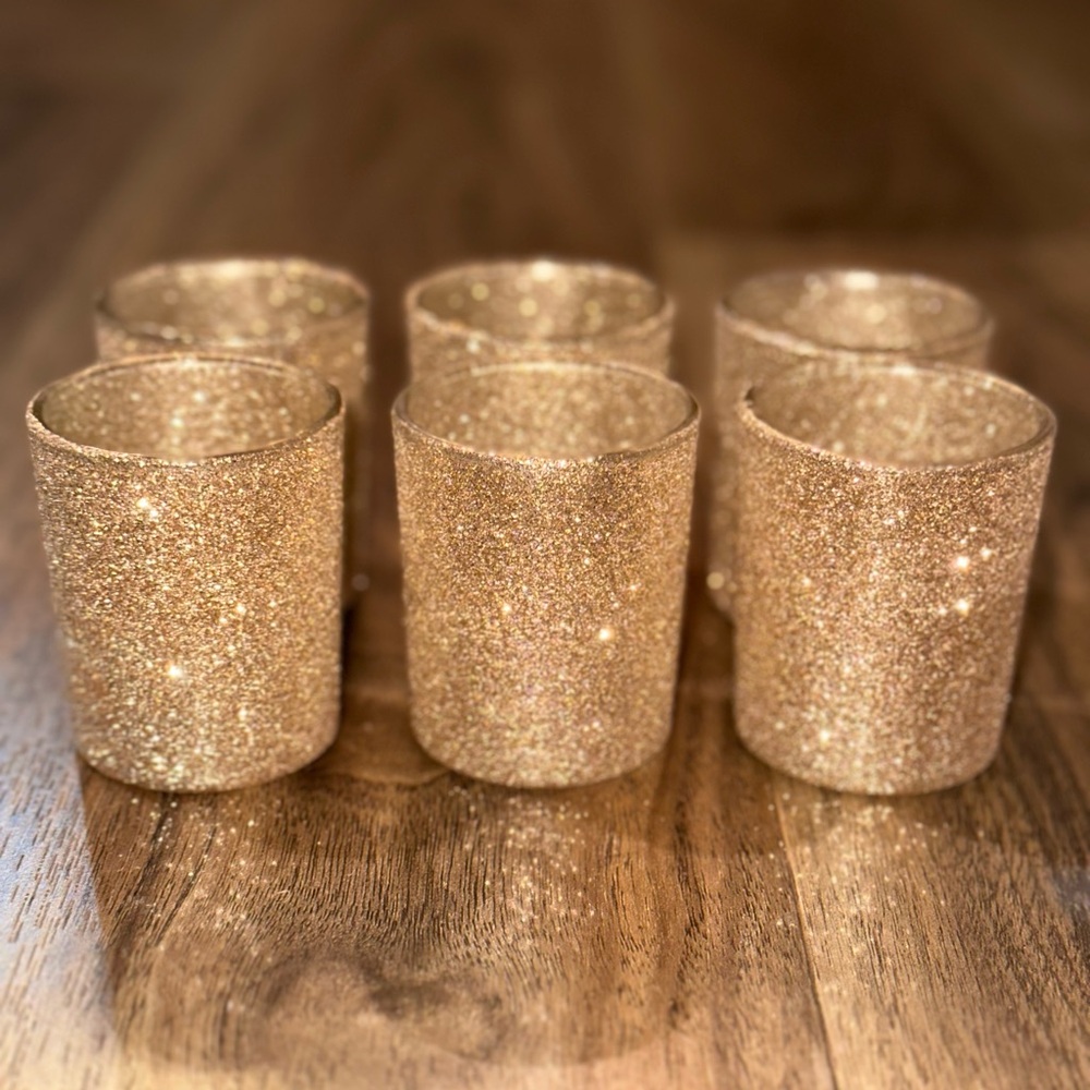 Rose gold glitter tea light vases